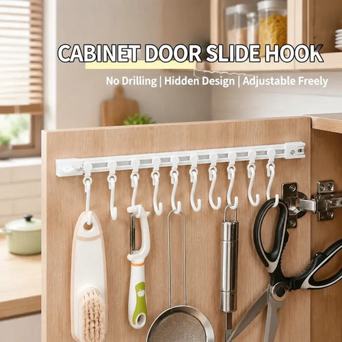 10-Hook Adjustable Multifunctional Slide Rail Adhesive Wall Organiser - Kitchen Utensil Holder