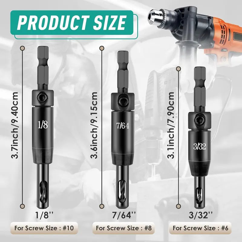 🔧Self-centering drill bit kit - 3/32" 7/64" 1/8" center hinge drill bits for 1/4" hex shank drills