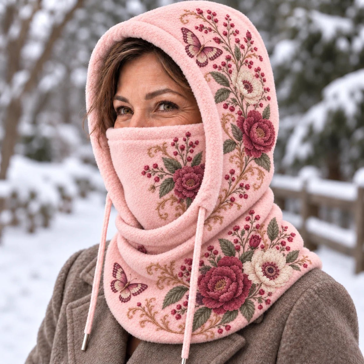 ❄️ Women's 3-in-1 Floral Fleece Winter Hood – Face Cover & Neck Warmer
