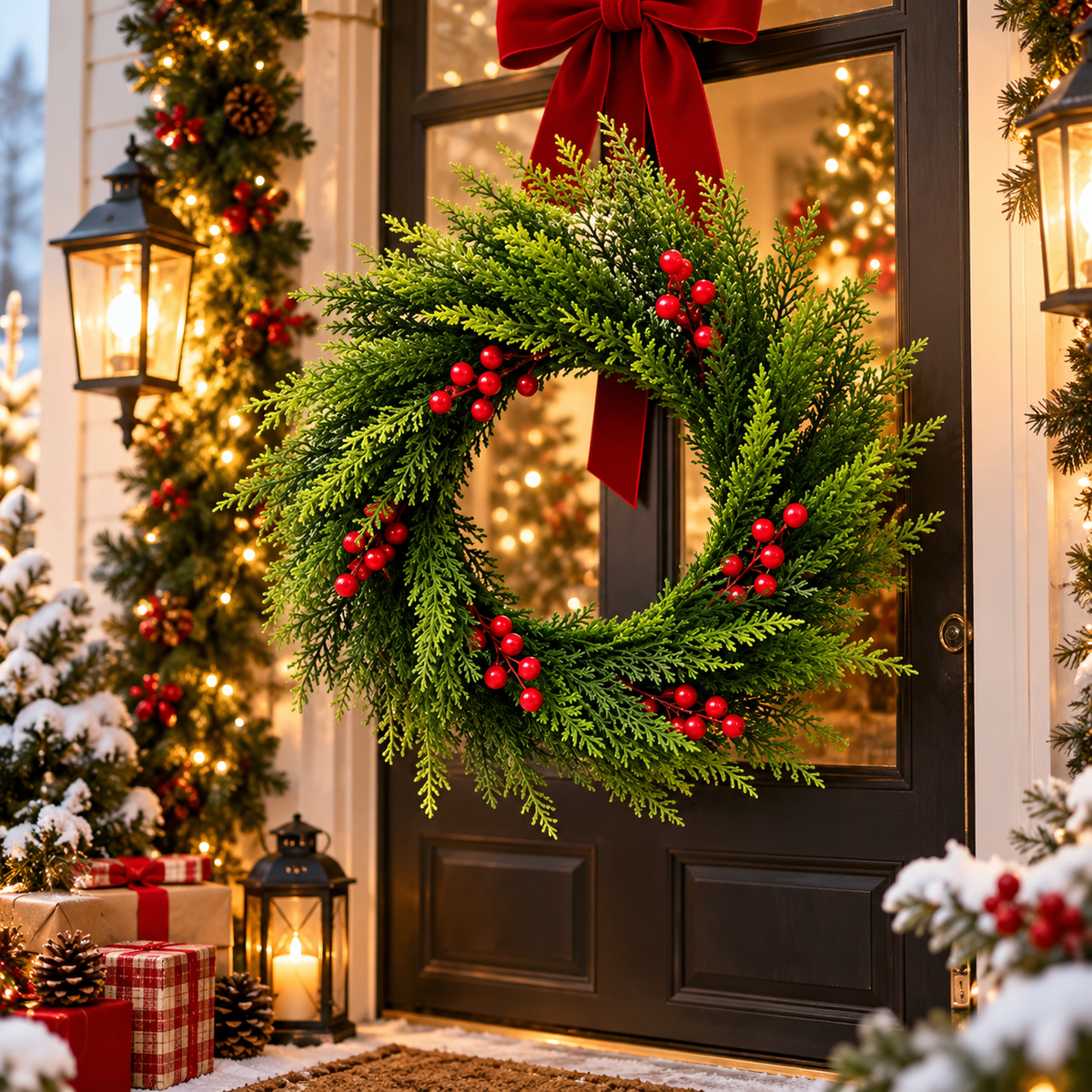 🎄 Red Berries Evergreen Christmas Wreath - Festive Door Decoration