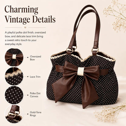 👜 Vintage Polka Dot Canvas Tote Bag for Women, Oversized Bow Shoulder Bag with Lace Trim