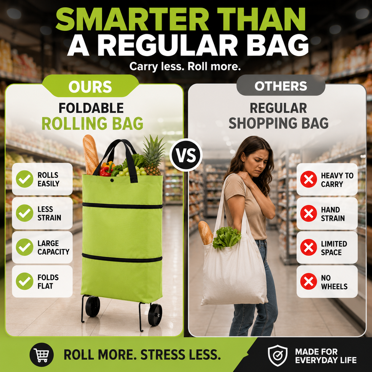 🛍️ Foldable Rolling Shopping Bag | Hands-Free Wheels
