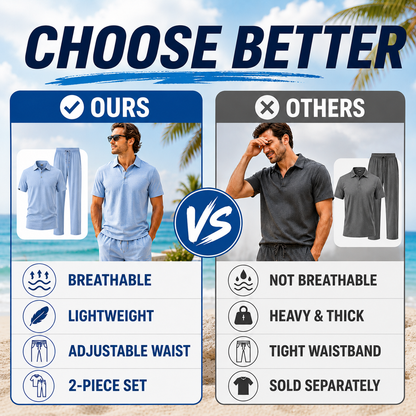 Men's Breathable Cotton Linen Resort Polo & Pants 2-Piece Set