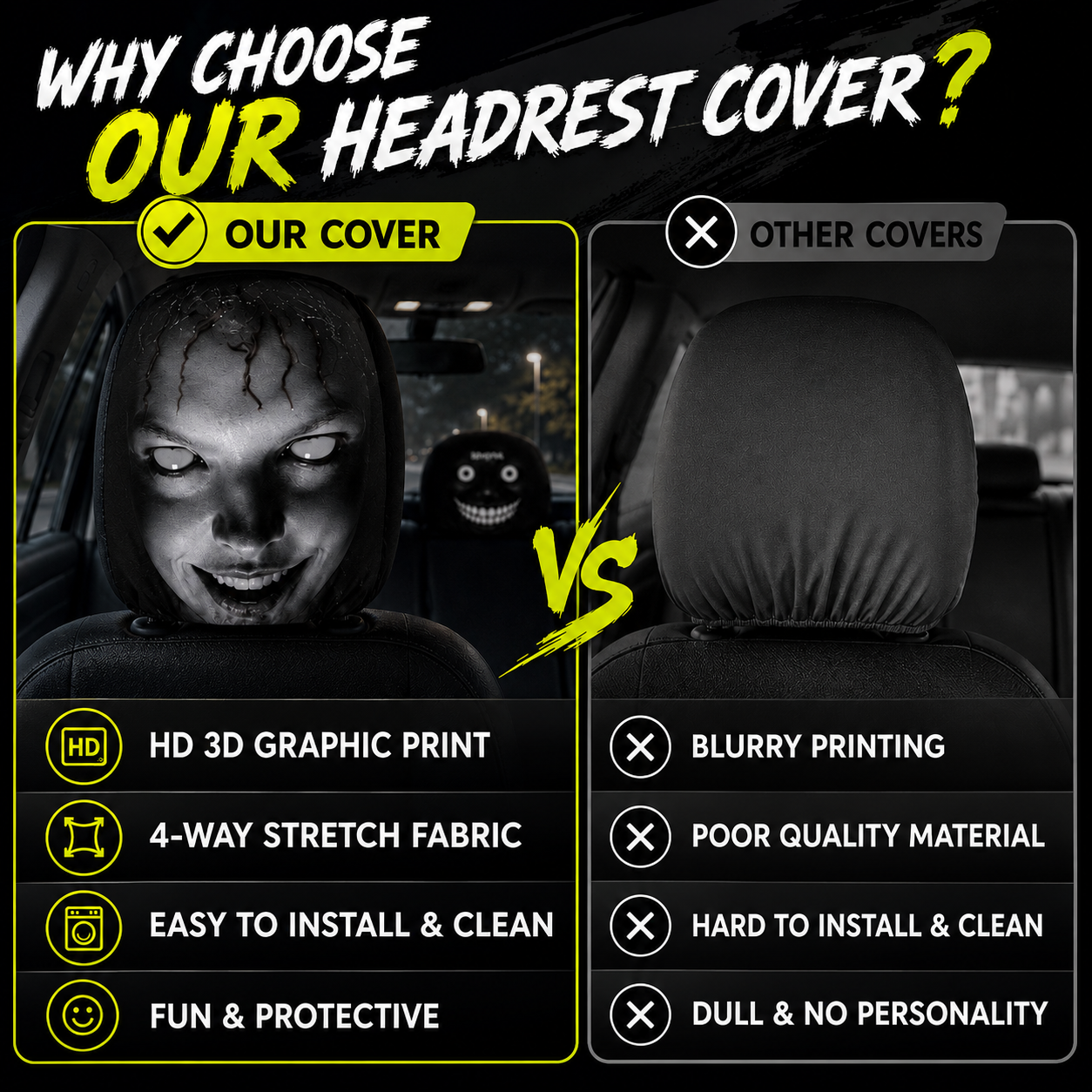 【Funny Face Stretch Car Headrest Cover】 🎭🚗
