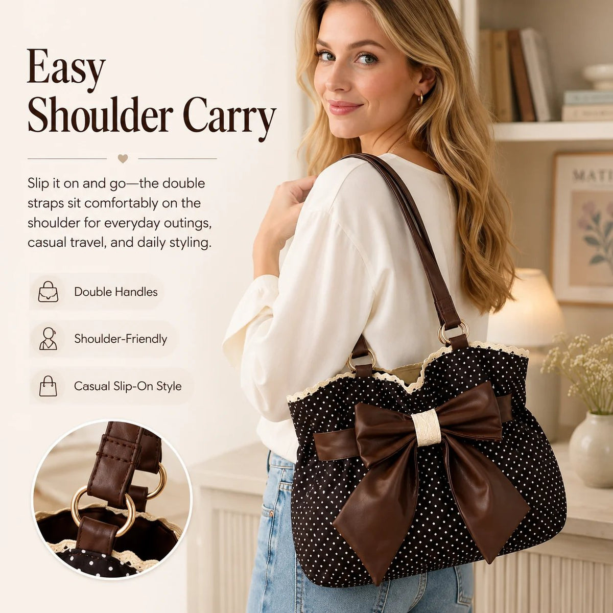 👜 Vintage Polka Dot Canvas Tote Bag for Women, Oversized Bow Shoulder Bag with Lace Trim