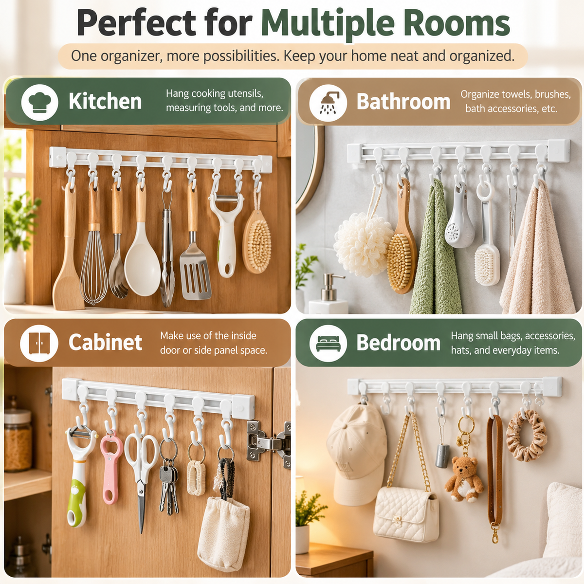 10-Hook Adjustable Multifunctional Slide Rail Adhesive Wall Organiser - Kitchen Utensil Holder