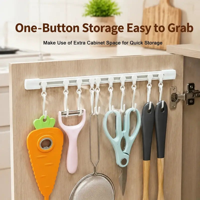 10-Hook Adjustable Multifunctional Slide Rail Adhesive Wall Organiser - Kitchen Utensil Holder