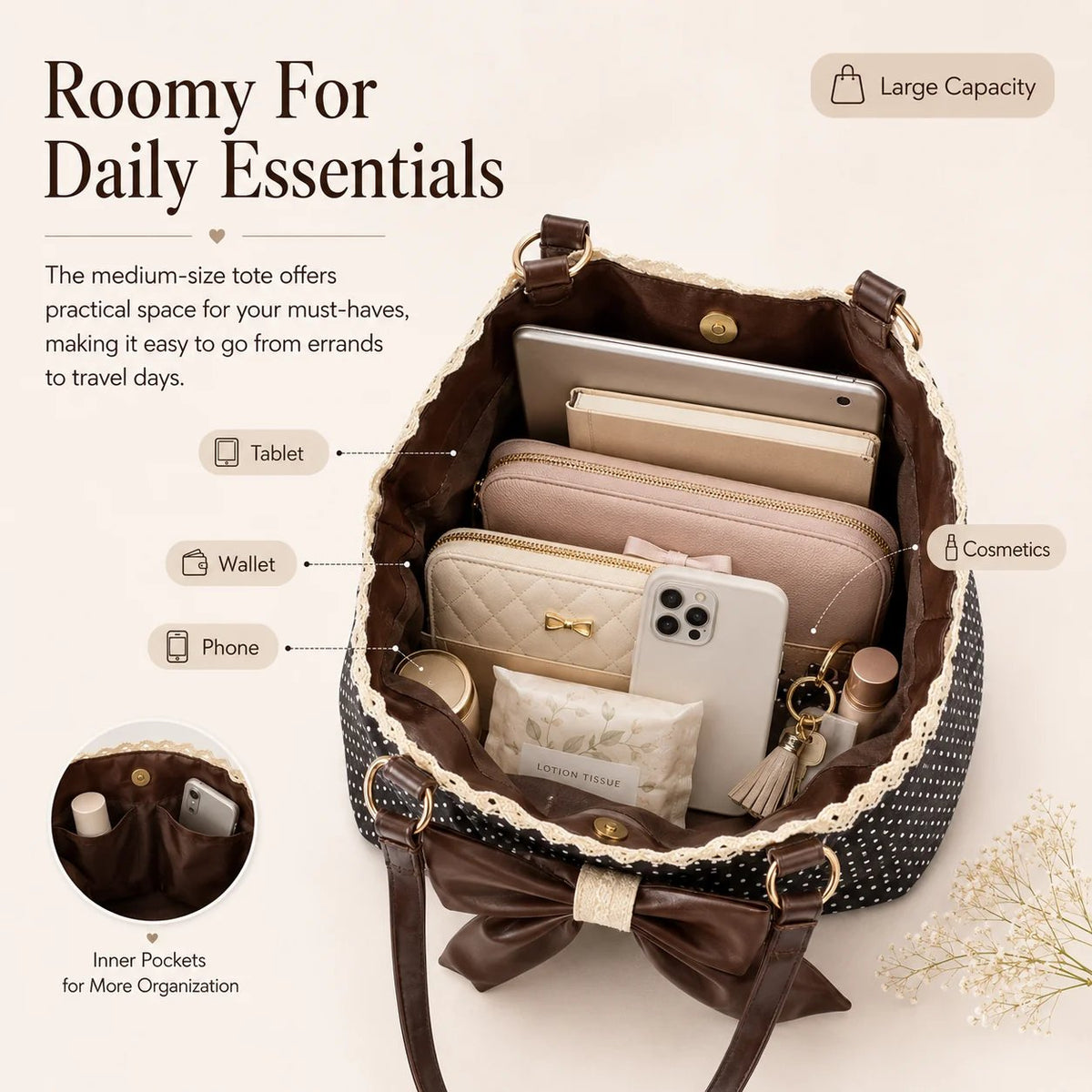 👜 Vintage Polka Dot Canvas Tote Bag for Women, Oversized Bow Shoulder Bag with Lace Trim