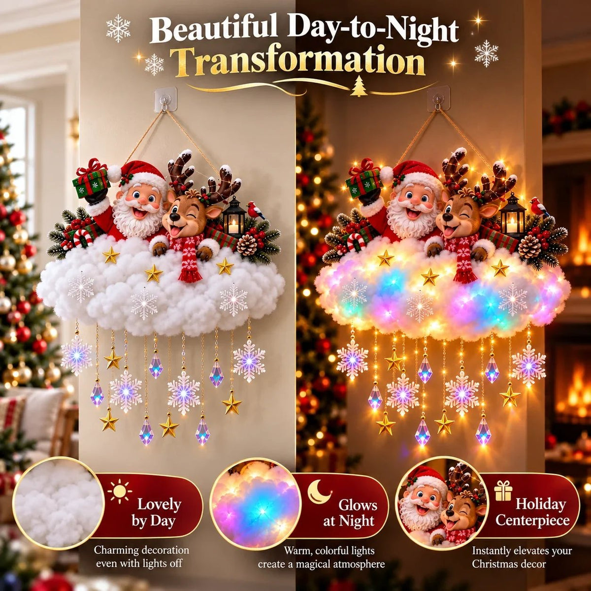 🎄 Light-Up Christmas Cloud Hanging Decor – Santa & Winter Village Holiday Display