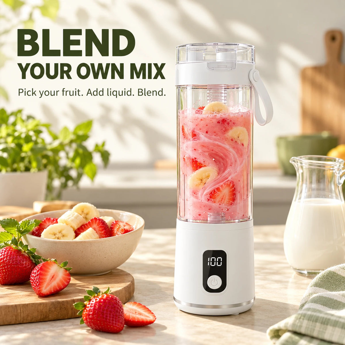 Portable Blender Cup with Carry Handle for Smoothies and Shakes