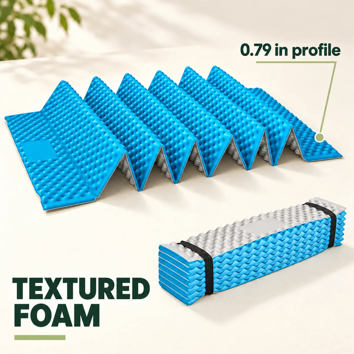 Egg-crate surface and visible edge of a sky-blue accordion mat.