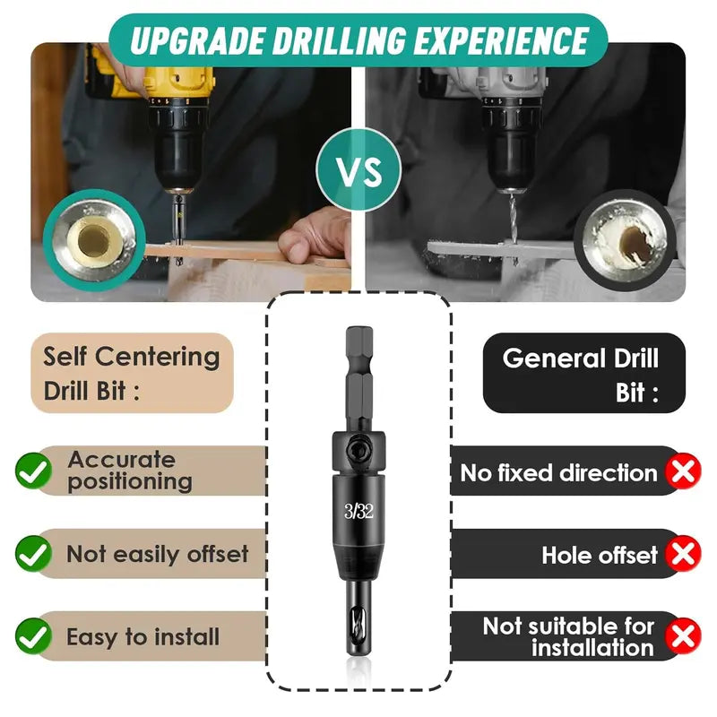 🔧Self-centering drill bit kit - 3/32" 7/64" 1/8" center hinge drill bits for 1/4" hex shank drills