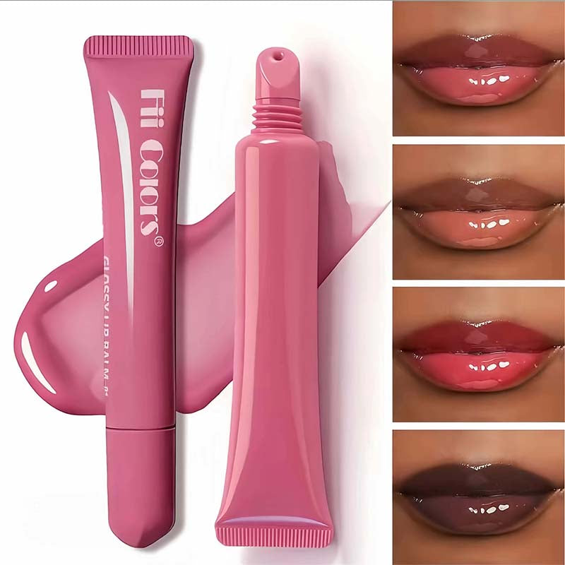 Pink glossy lip oil shown in multiple lip finishes