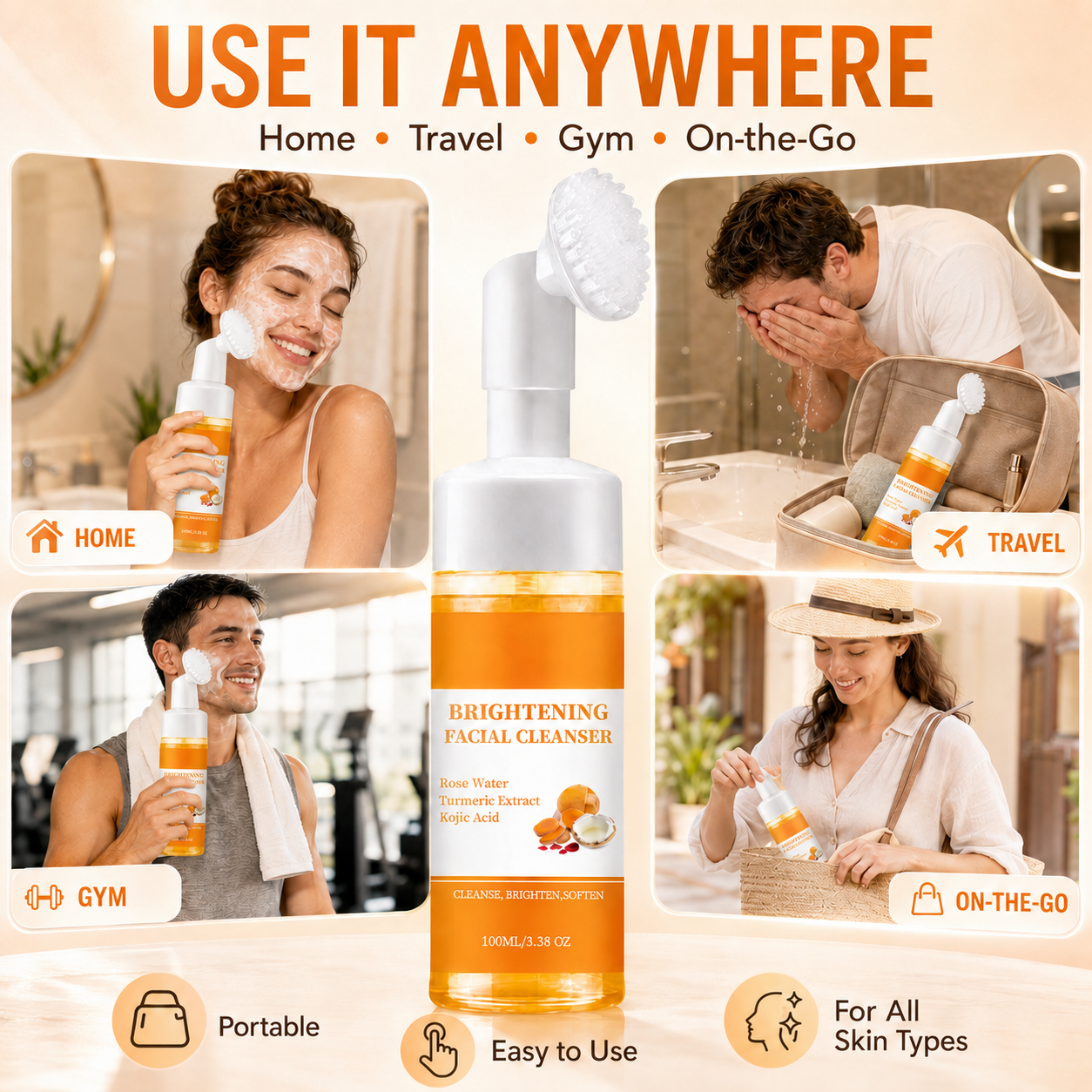 ✨ Turmeric & Kojic Acid Brightening Facial Cleanser Foaming Brush