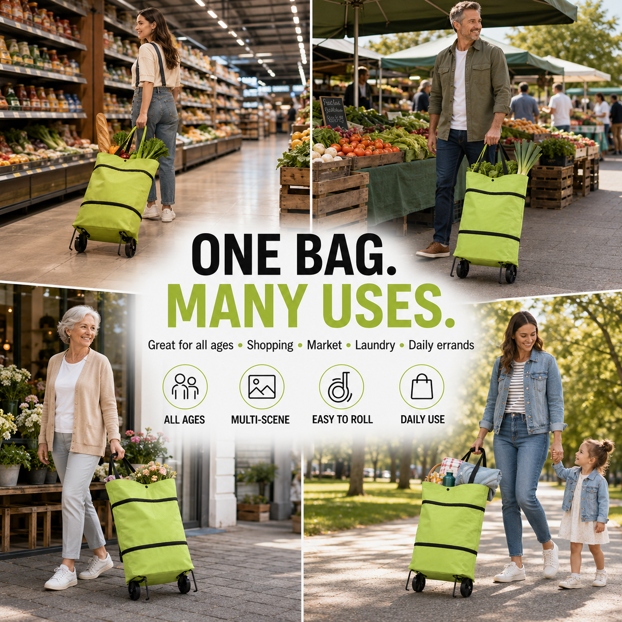 🛍️ Foldable Rolling Shopping Bag | Hands-Free Wheels