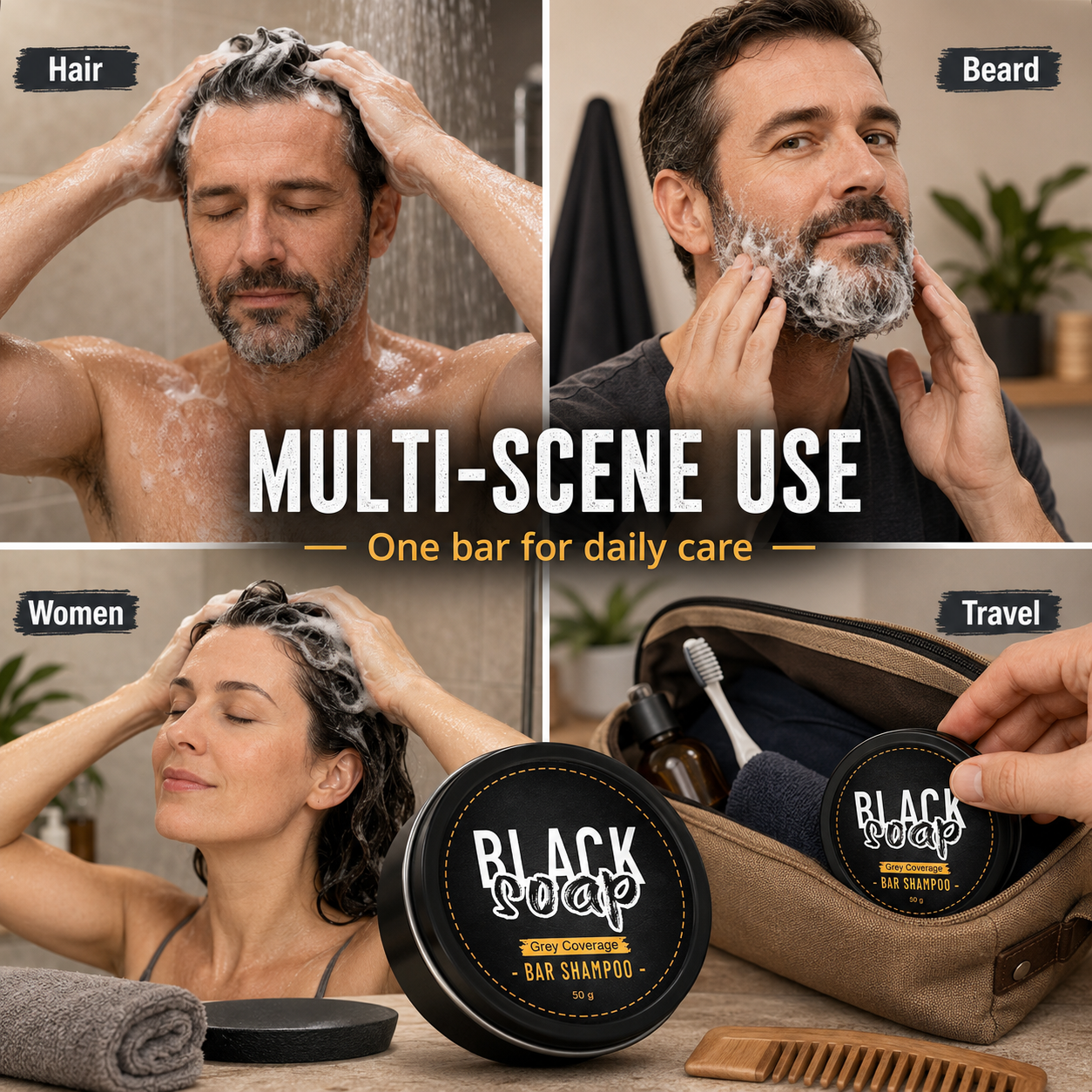 ✨ Black Soap Hair & Beard Grey Coverage Shampoo Bar
