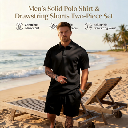 Men's Solid Polo Shirt & Drawstring Shorts Two-Piece Set