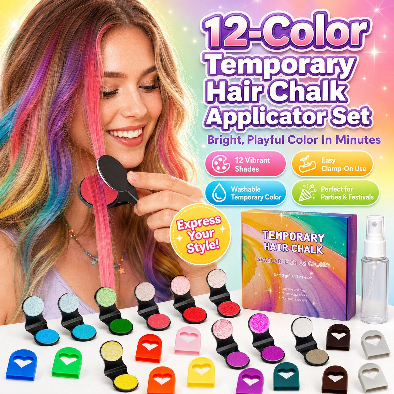 🌈 12-Color Temporary Hair Chalk Set – Bright Highlights in Minutes ✨
