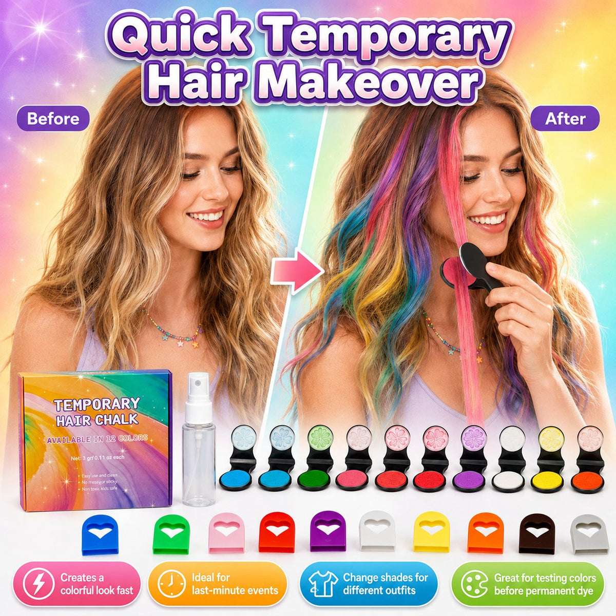 Before and after temporary hair chalk makeover