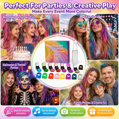 🌈 12-Color Temporary Hair Chalk Set – Bright Highlights in Minutes ✨