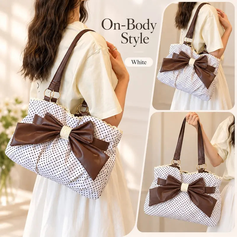 👜 Vintage Polka Dot Canvas Tote Bag for Women, Oversized Bow Shoulder Bag with Lace Trim