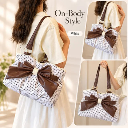 👜 Vintage Polka Dot Canvas Tote Bag for Women, Oversized Bow Shoulder Bag with Lace Trim