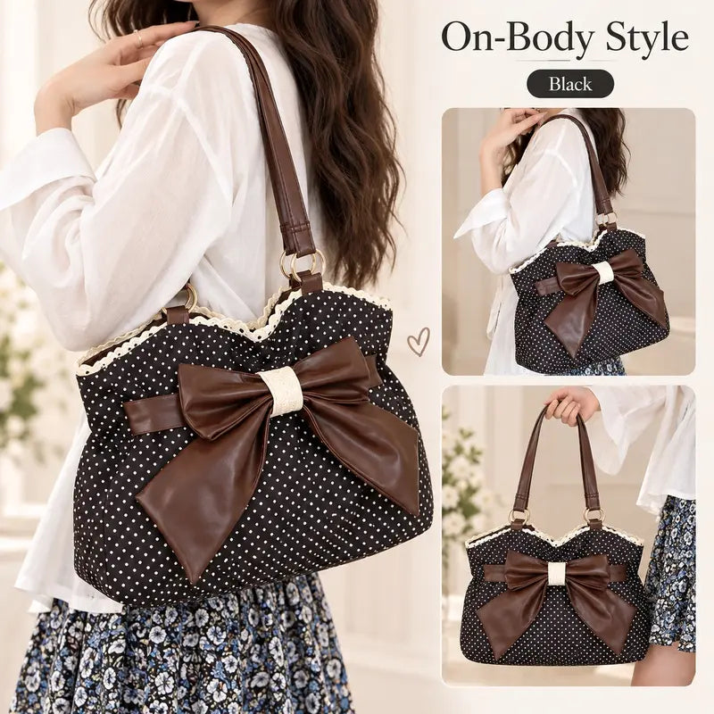 👜 Vintage Polka Dot Canvas Tote Bag for Women, Oversized Bow Shoulder Bag with Lace Trim