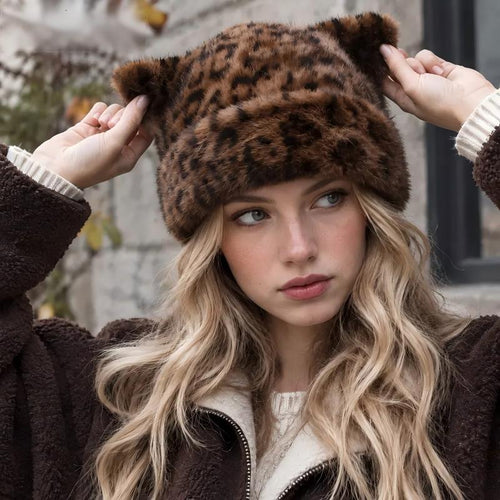 🐻 Fluffy Leopard Print Beanie Hat – Cute Bear Ear Winter Hat for Women