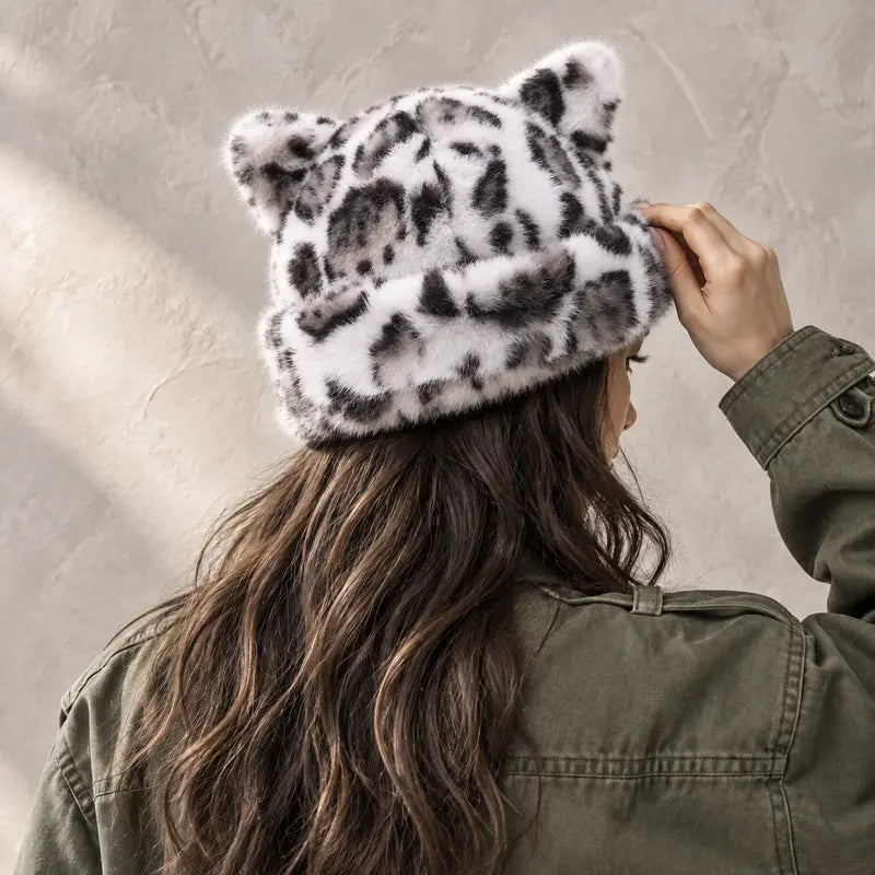 🐻 Fluffy Leopard Print Beanie Hat – Cute Bear Ear Winter Hat for Women