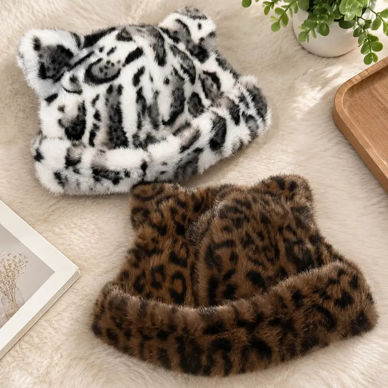 🐻 Fluffy Leopard Print Beanie Hat – Cute Bear Ear Winter Hat for Women