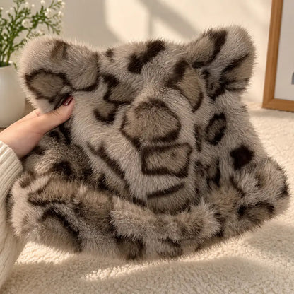🐻 Fluffy Leopard Print Beanie Hat – Cute Bear Ear Winter Hat for Women