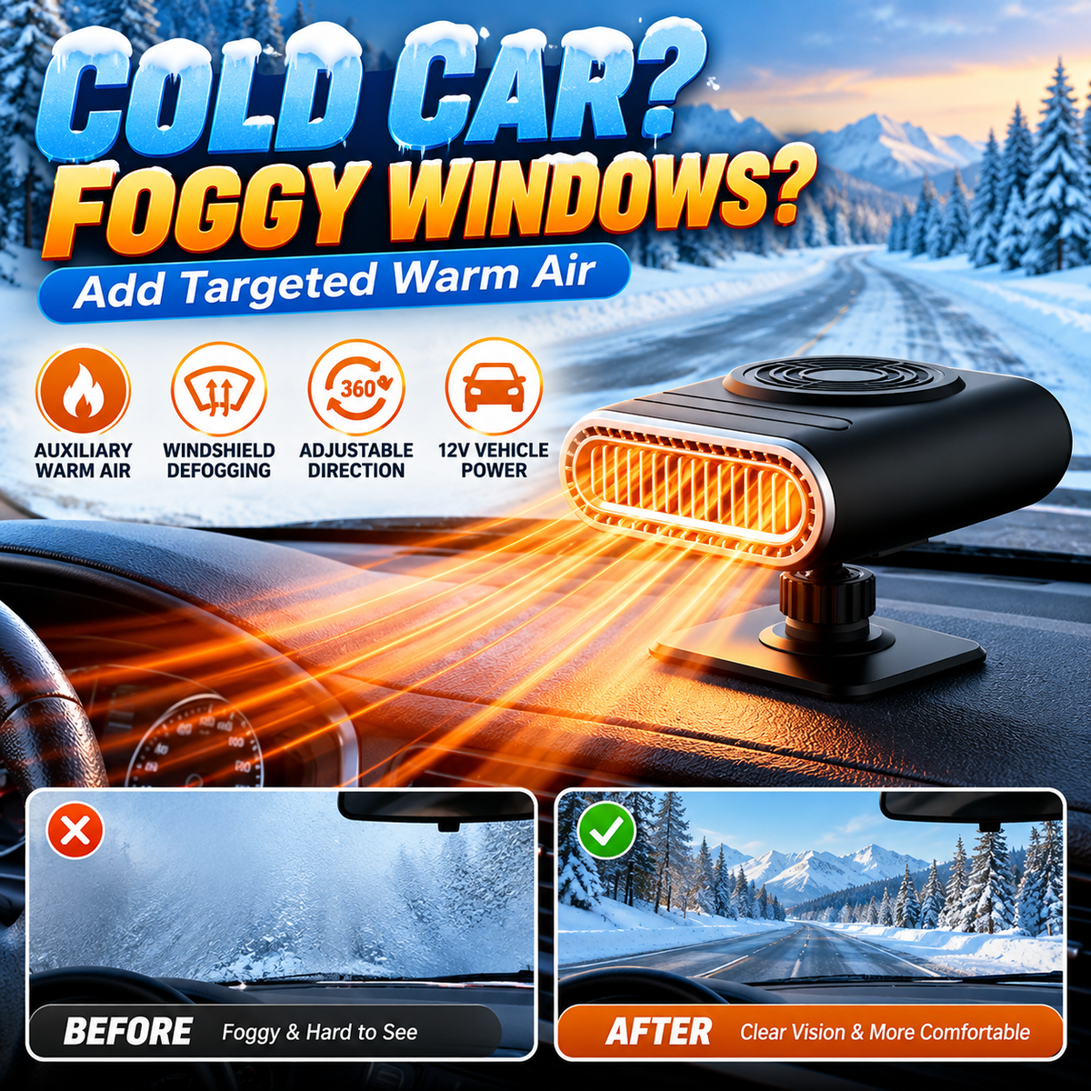 🚗 12V Portable Car Heater & Windshield Defogger – Convenient Warm Air for Chilly Drives ❄️