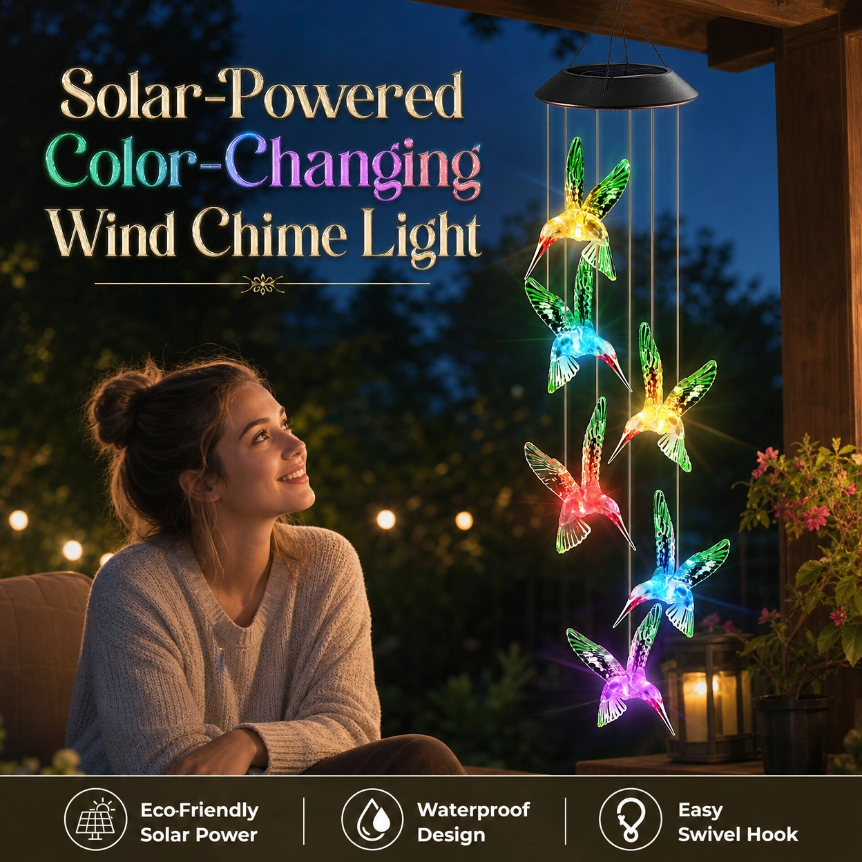 Solar-Powered Color-Changing Wind Chime Light