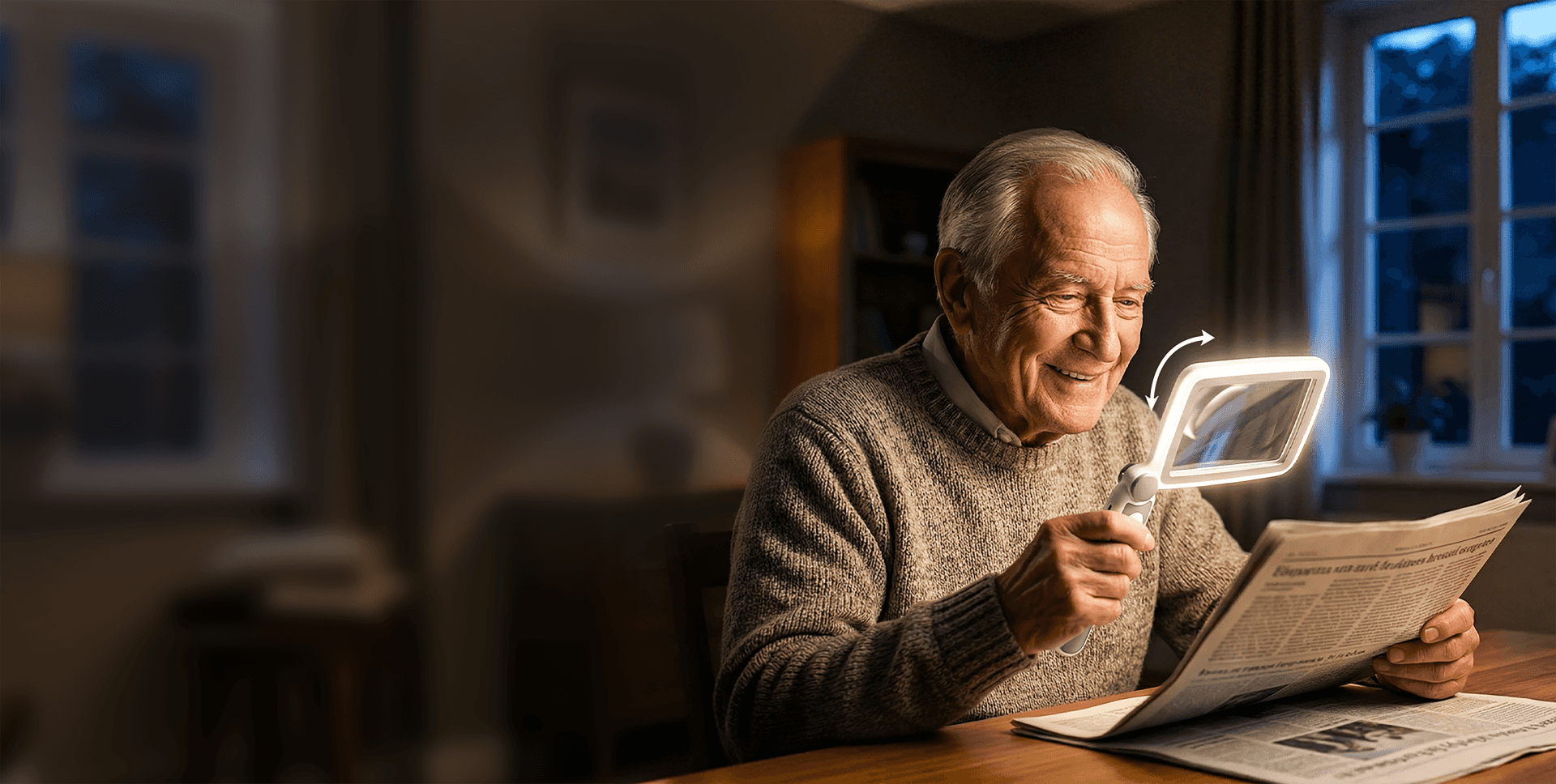Senior reading with an illuminated magnifying glass